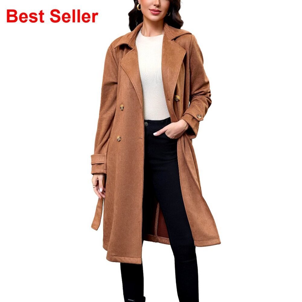 Faux Suede Trench Coat Belted Midi Overcoat for Fall Winter